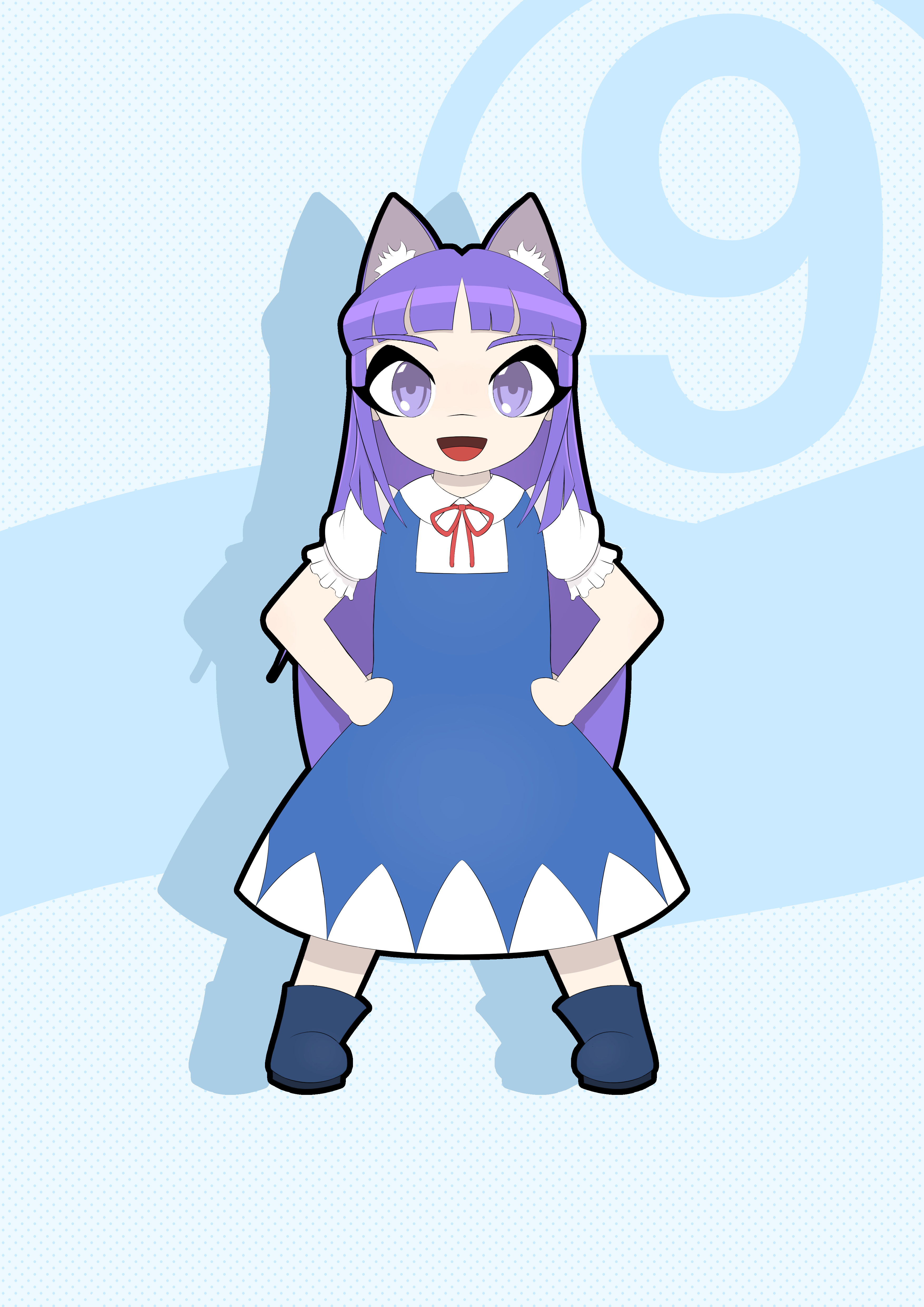 a full-body anime-style drawing of a girl with a happy expression, long purple hair and matching cat ears. she's dressed as the character 'Cirno' from Touhou Project (red western-style bow tie, white blouse, blue jumper dress with a row of white triangles in its hem, white socks, and blue shoes). she has an upright posture with spread legs and her hands on her hips