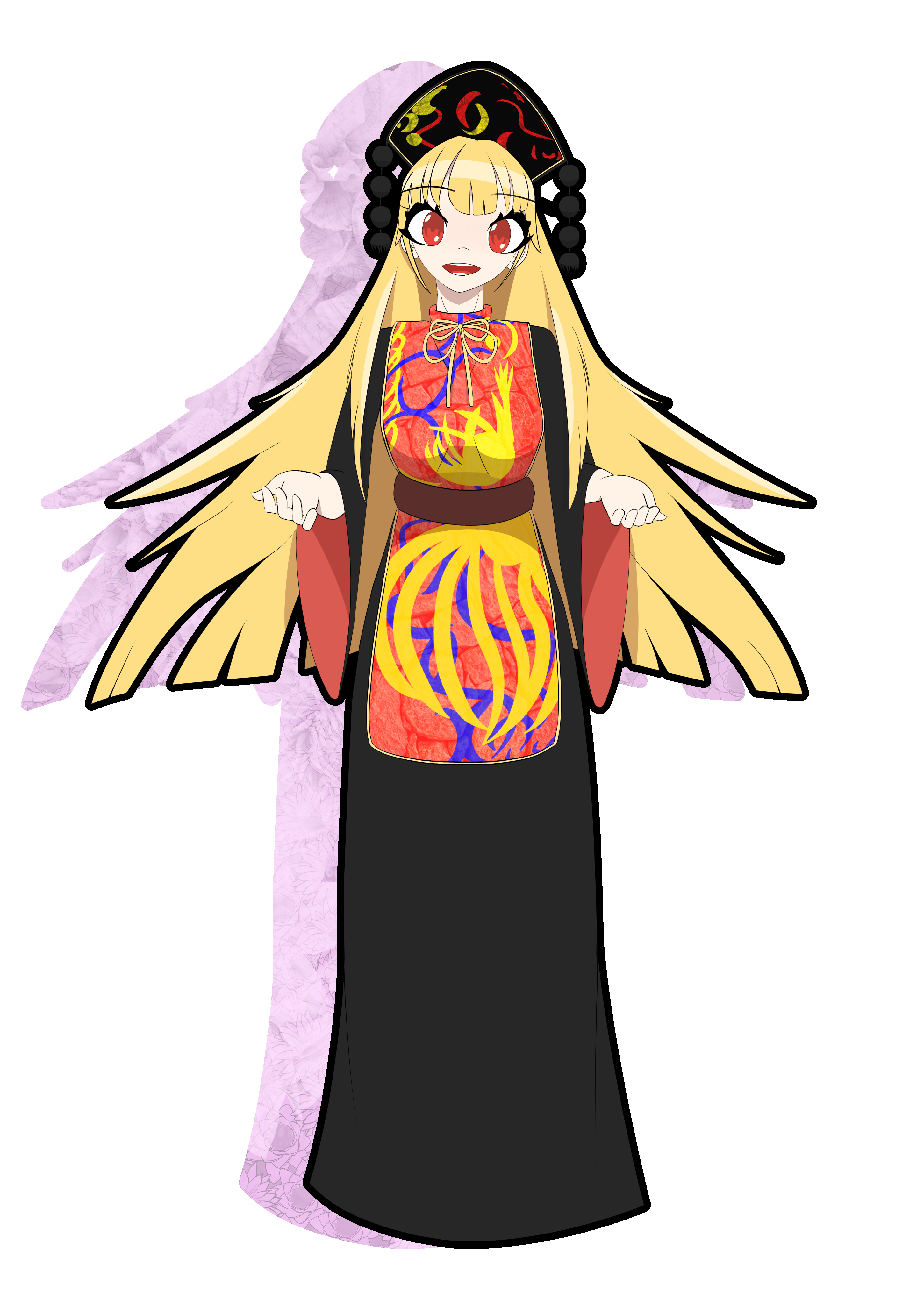 An anime-style drawing of Junko from Touhou Project standing smiling with her hands slightly raised and her head slightly tilted. She has very long blonde hair, red eyes and wears a very long black robe with wide sleeves and red inner sleeves. She wears a long bright-red piece of cloth spread on the front of the outfit and descending from her shoulders to her legs, tied at her neck with a bright-yellow string and at her waist with a waist ribbon. It has bright yellow, orange and blue patterns. She's also wearing a black traditional Chinese crown called a dalachi, with red and yellow patterns on top of a black background on its front. She has a black border around her and behind her is a faint purple pink-ish silhouette of the same character with a flowery pattern.