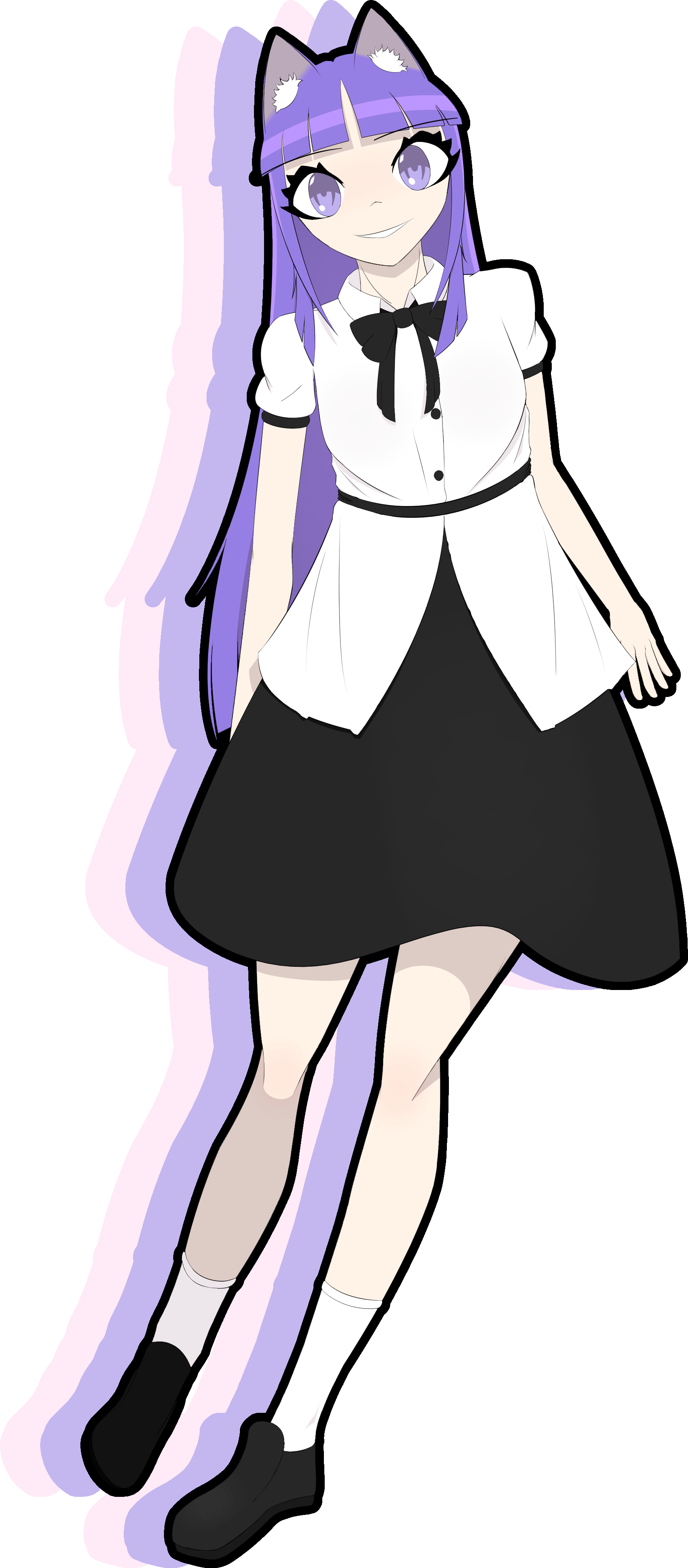 a full-body anime-style drawing of a girl with a happy expression, long purple hair and matching cat ears. she's wearing a white collared shirt with a black bow tie, a black shirt extending beyond her waist and tied up by a black ribbon, and white socks and black shoes. there is a black border around her and two faint, light silhouettes behind her and slightly offset to the left of each other, with the one closest to her being purple and the other being pink