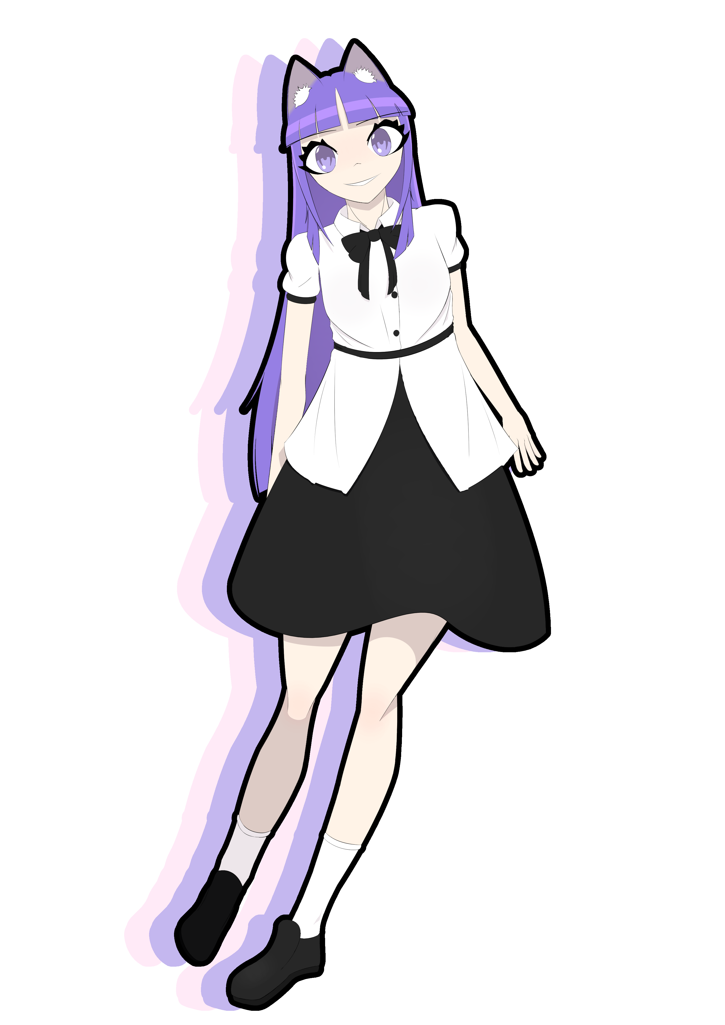 a full-body anime-style drawing of a girl with a happy expression, long purple hair and matching cat ears. she's wearing a white collared shirt with a black bow tie, a black shirt extending beyond her waist and tied up by a black ribbon, and white socks and black shoes. there is a black border around her and two faint, light silhouettes behind her and slightly offset to the left of each other, with the one closest to her being purple and the other being pink. everything is on a white background