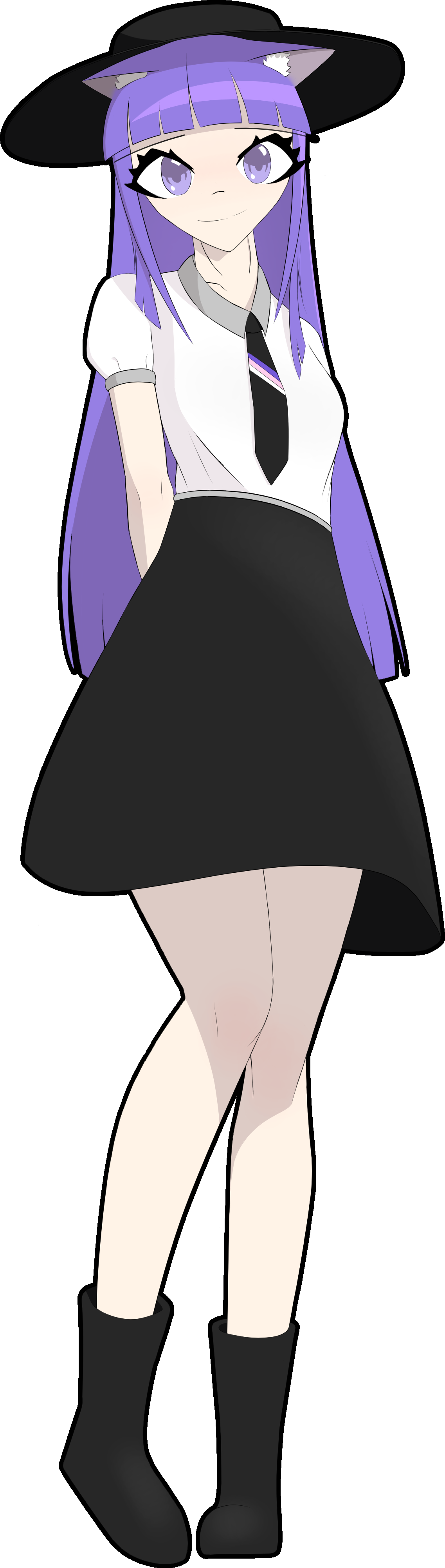 a drawing of an anime-style girl with long purple hair, cat ears, and a black hat, wearing a white shirt with a black tie, a black skirt, and black boots. she has her arms behind her back, and she's looking at the camera. her tie has a sequence of 3 thin stripes in its middle, with the colors purple, pink, and white